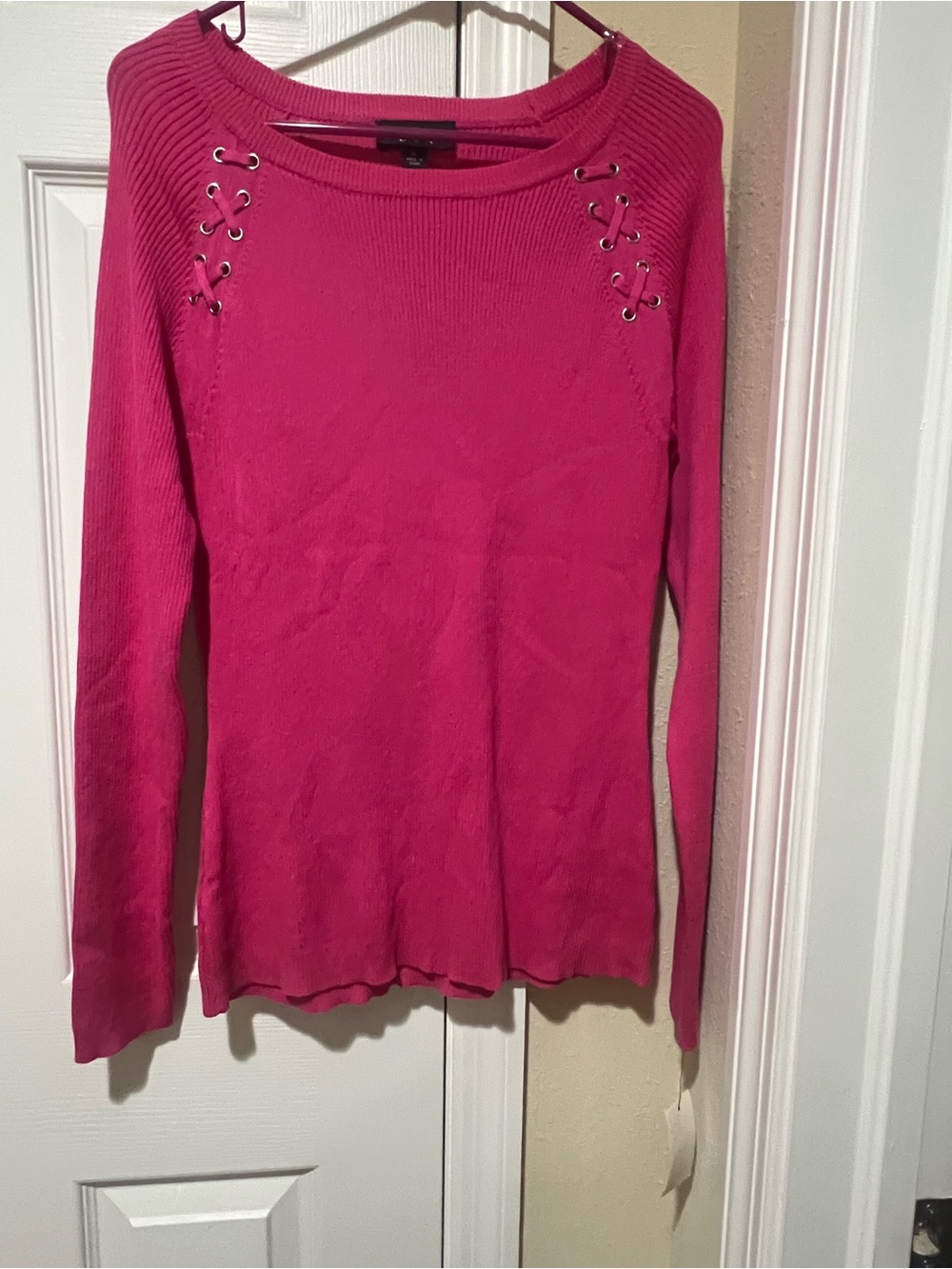 BCX Fuchsia Lace-Up Shoulder Crew Neck Sweater
